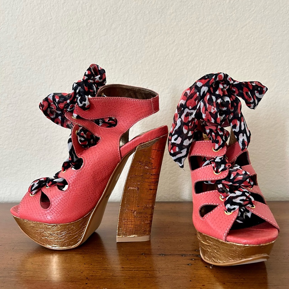Retro disco platform heels in gorgeous orangy-salmon color with scarf ties